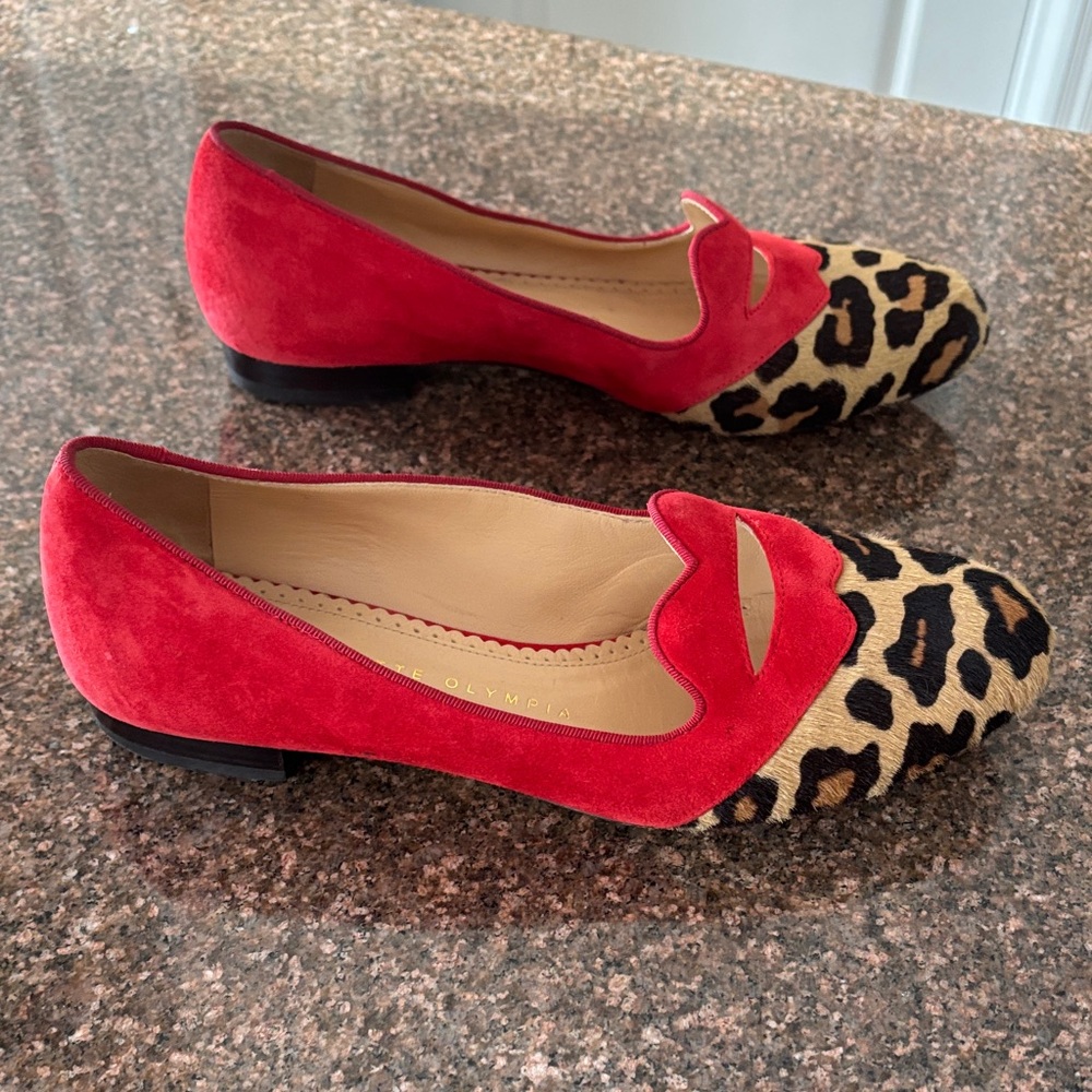 Charlotte Olympia Ladies Red Lips Leopard Flats-6-EUC